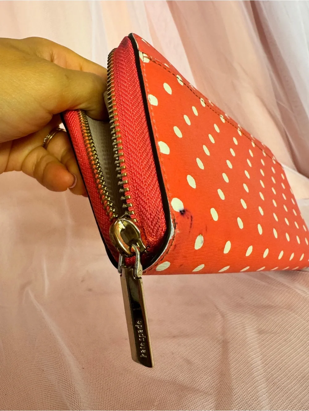 👛Rare Kate Spade New York Coral & White Polka Dot Zip-Around Wallet